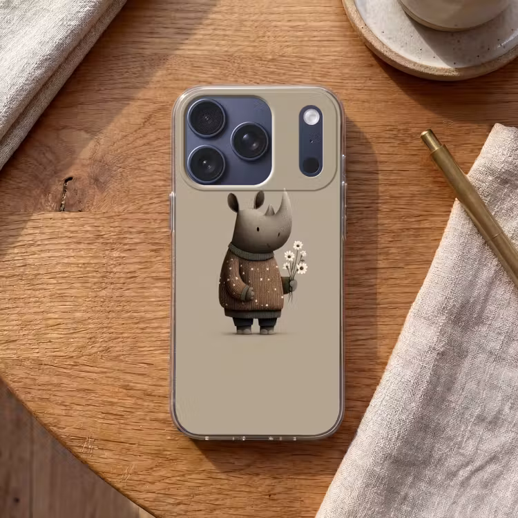 Neushoorn - Witte bloemen - Lief Telefoonhoesje iPhone 17 Pro klein -sfeer1