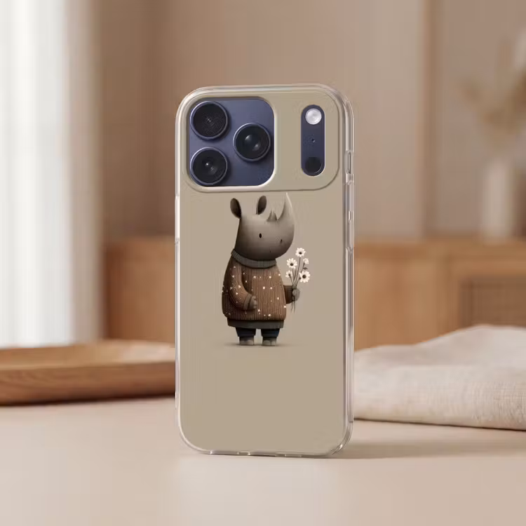 Neushoorn - Witte bloemen - Lief Telefoonhoesje iPhone 17 Pro klein -sfeer2