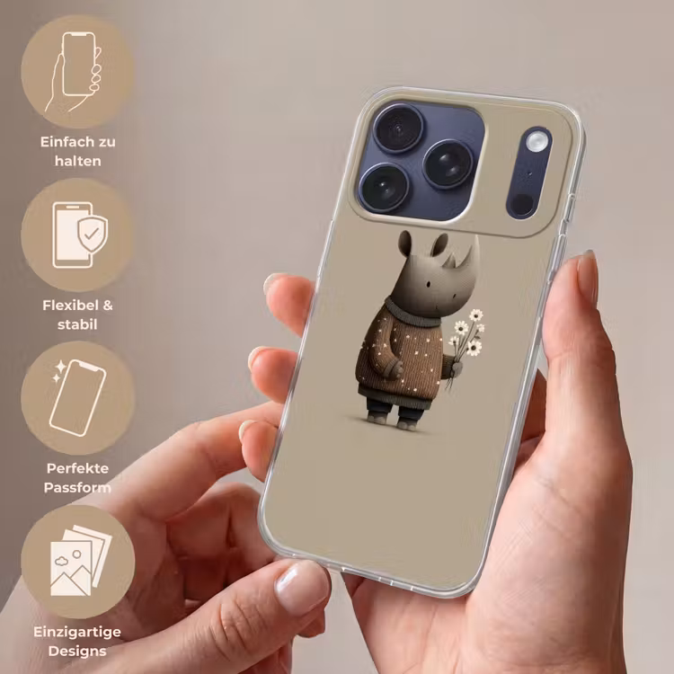 Neushoorn - Witte bloemen - Lief Telefoonhoesje iPhone 17 Pro klein -sfeer3_DE