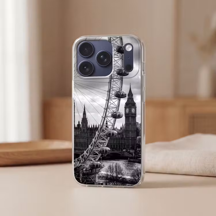 Reuzenrad - Klokkentoren - Architectuur - Zwart-wit - Stad Telefoonhoesje iPhone 17 Pro klein -sfeer2