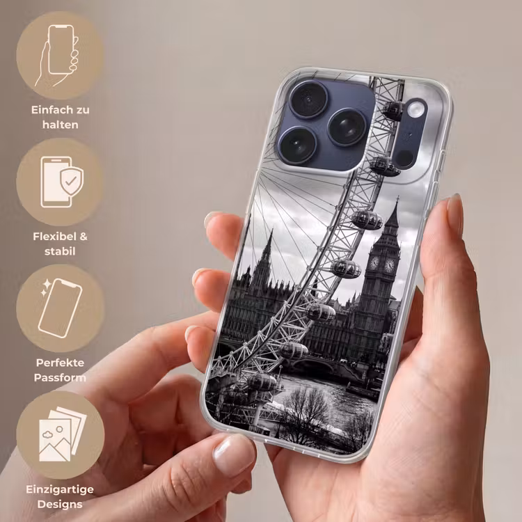 Reuzenrad - Klokkentoren - Architectuur - Zwart-wit - Stad Telefoonhoesje iPhone 17 Pro klein -sfeer3_DE