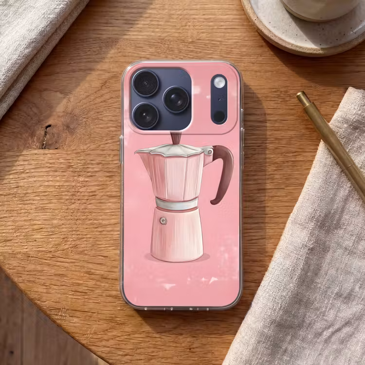 Roze - Mokkapot - Illustratie - Koffie Telefoonhoesje iPhone 17 Pro klein -sfeer1
