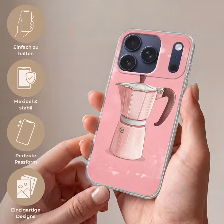 Roze - Mokkapot - Illustratie - Koffie Telefoonhoesje iPhone 17 Pro klein -sfeer3_DE