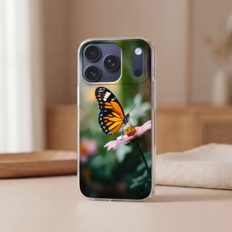 Roze bloemen - Vlinder - Zachte focus Telefoonhoesje iPhone 17 Pro klein -sfeer2