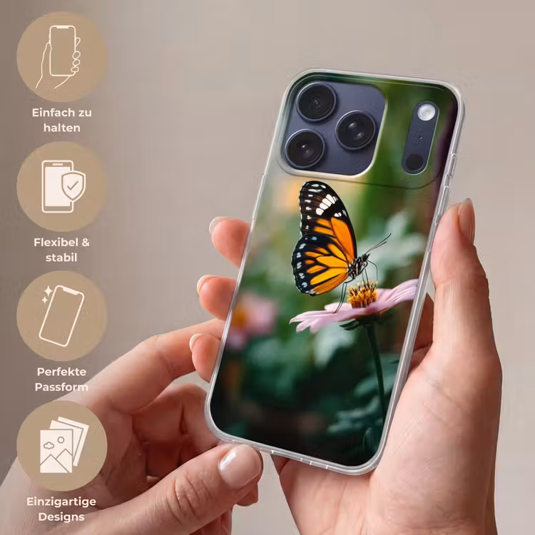 Roze bloemen - Vlinder - Zachte focus Telefoonhoesje iPhone 17 Pro klein -sfeer3_DE