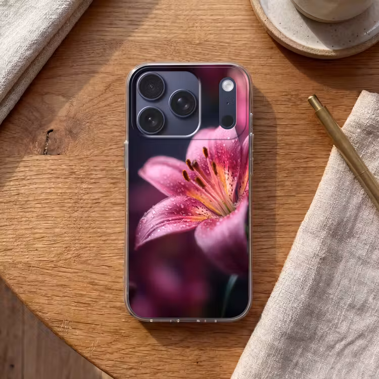 Roze - lelie - Dauwdruppels Telefoonhoesje iPhone 17 Pro klein -sfeer1