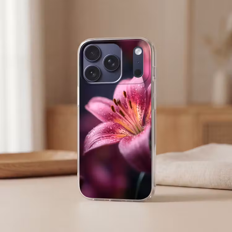 Roze - lelie - Dauwdruppels Telefoonhoesje iPhone 17 Pro klein -sfeer2