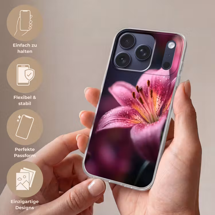 Roze - lelie - Dauwdruppels Telefoonhoesje iPhone 17 Pro klein -sfeer3_DE
