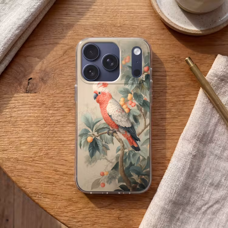Roze kuifkaketoe - Tak met vruchten - Bladeren Telefoonhoesje iPhone 17 Pro klein -sfeer1