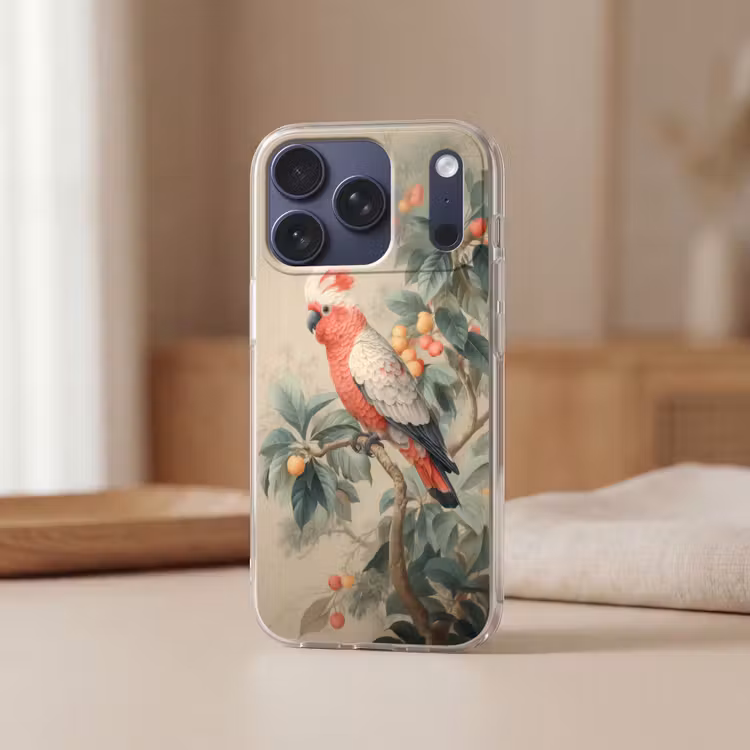 Roze kuifkaketoe - Tak met vruchten - Bladeren Telefoonhoesje iPhone 17 Pro klein -sfeer2