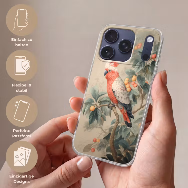 Roze kuifkaketoe - Tak met vruchten - Bladeren Telefoonhoesje iPhone 17 Pro klein -sfeer3_DE