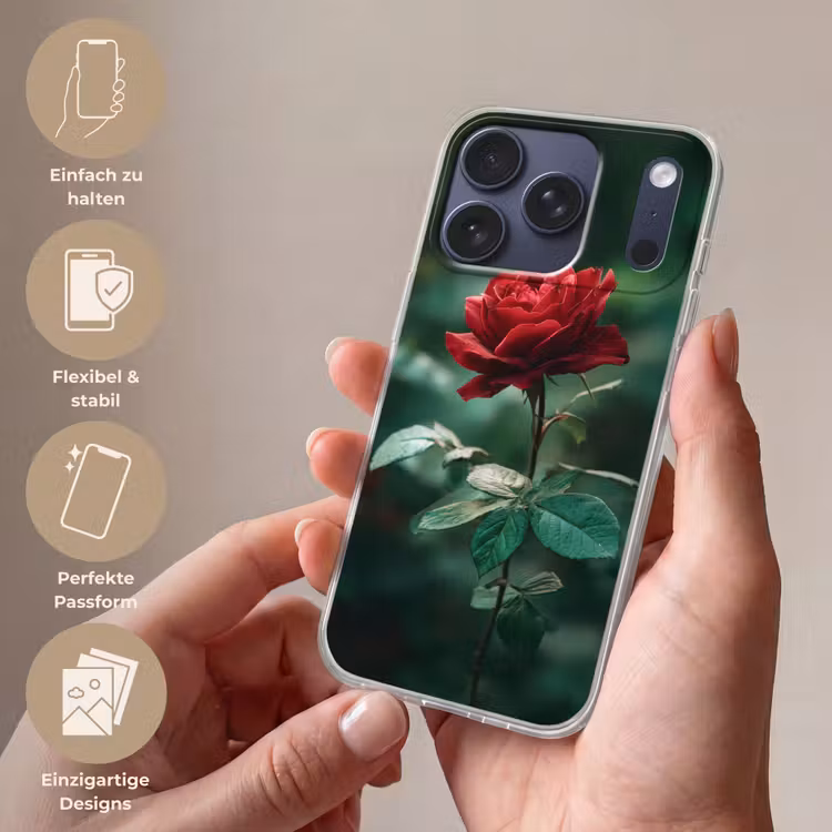 Roos - Bladeren - Dieprood Telefoonhoesje iPhone 17 Pro klein -sfeer3_DE