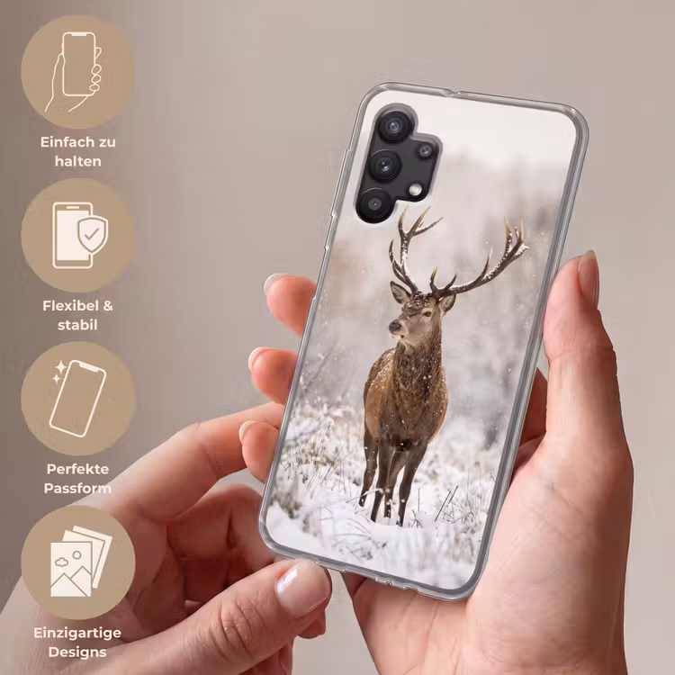 Edelhert - Bos - Sneeuw - Winter - Majestueus Telefoonhoesje Samsung Galaxy A32 5G klein -sfeer3_DE