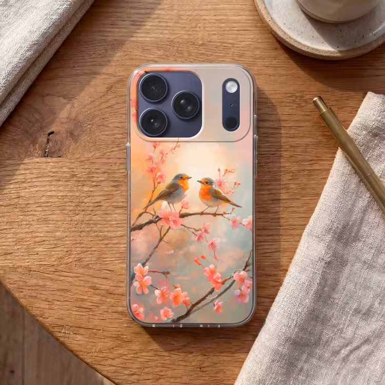 Roodborstjes - Sierlijk - Bloesemtak Telefoonhoesje iPhone 17 Pro klein -sfeer1
