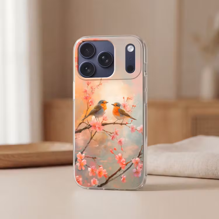 Roodborstjes - Sierlijk - Bloesemtak Telefoonhoesje iPhone 17 Pro klein -sfeer2