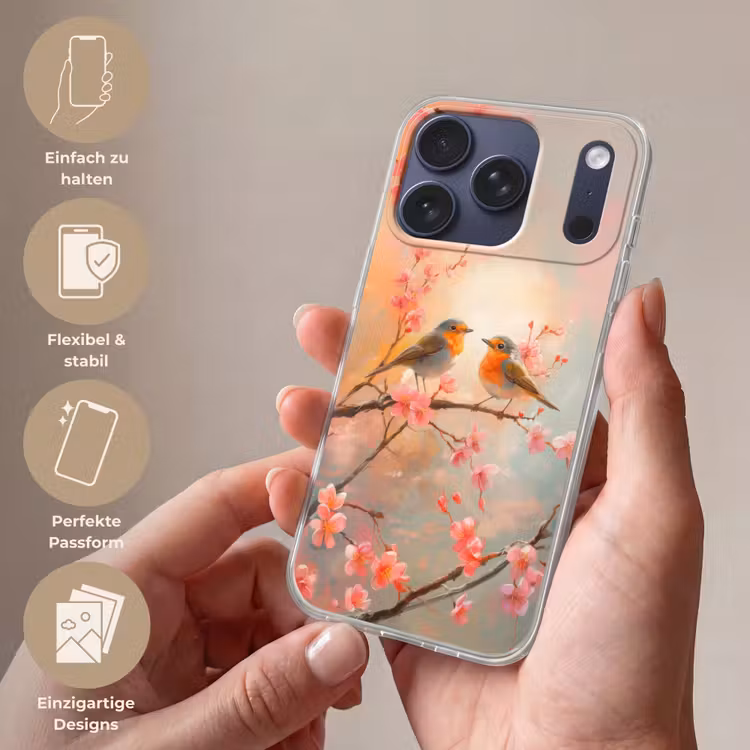 Roodborstjes - Sierlijk - Bloesemtak Telefoonhoesje iPhone 17 Pro klein -sfeer3_DE