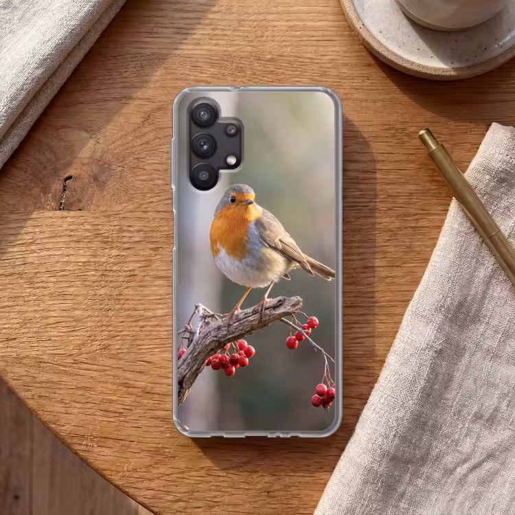 Roodborst - Tak - Bessen - Natuur Telefoonhoesje Samsung Galaxy A32 5G klein -sfeer1