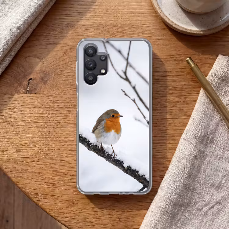 Roodborstje - Tak - Sneeuw - Winter - Levendig Telefoonhoesje Samsung Galaxy A32 5G klein -sfeer1