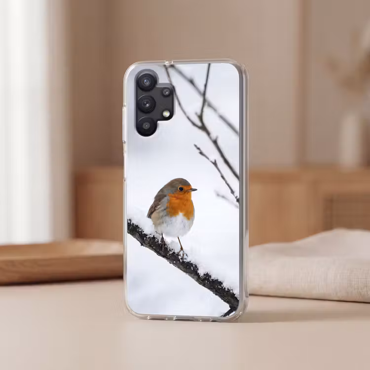 Roodborstje - Tak - Sneeuw - Winter - Levendig Telefoonhoesje Samsung Galaxy A32 5G klein -sfeer2