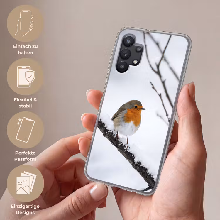Roodborstje - Tak - Sneeuw - Winter - Levendig Telefoonhoesje Samsung Galaxy A32 5G klein -sfeer3_DE