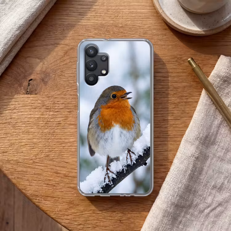 Roodborstje - Tak - Sneeuw - Winter - Levendig Telefoonhoesje Samsung Galaxy A32 5G klein -sfeer1