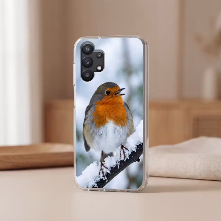 Roodborstje - Tak - Sneeuw - Winter - Levendig Telefoonhoesje Samsung Galaxy A32 5G klein -sfeer2