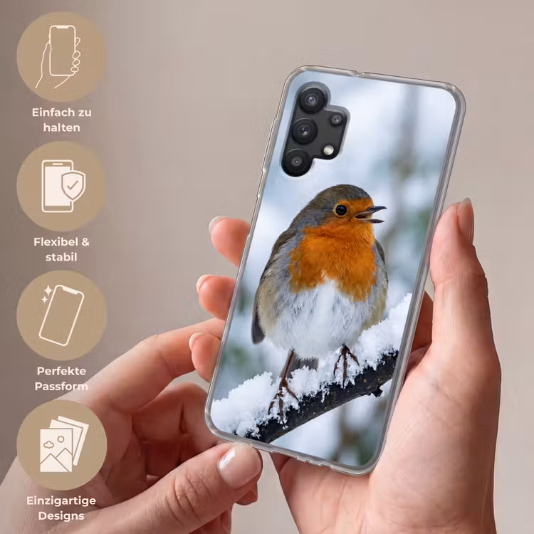Roodborstje - Tak - Sneeuw - Winter - Levendig Telefoonhoesje Samsung Galaxy A32 5G klein -sfeer3_DE
