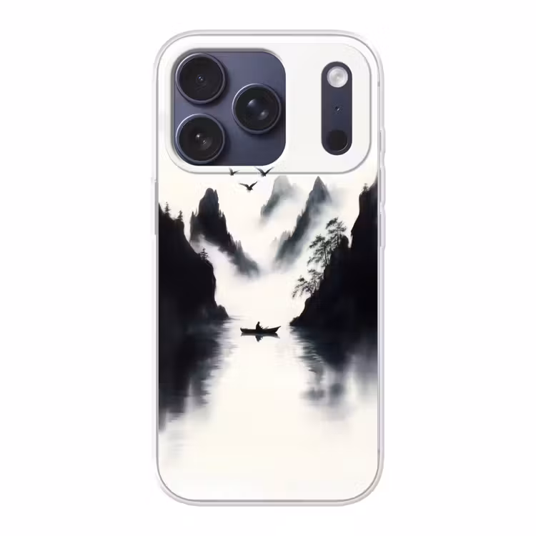 Roeiboot - Mistig - Bergen - Vogels Telefoonhoesje iPhone 17 Pro klein -3d