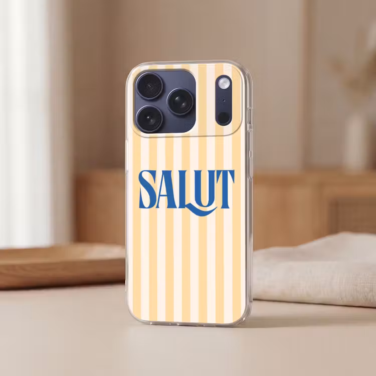 Salut - Quote - Strepen - Geel - Blauw - Wit Telefoonhoesje iPhone 17 Pro klein -sfeer2