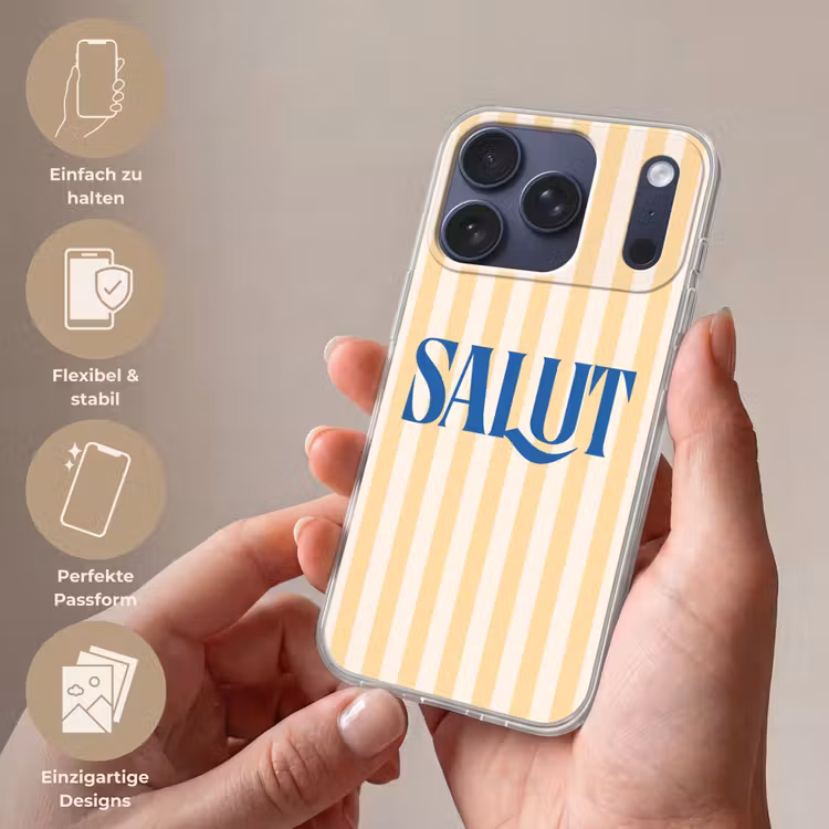 Salut - Quote - Strepen - Geel - Blauw - Wit Telefoonhoesje iPhone 17 Pro klein -sfeer3_DE