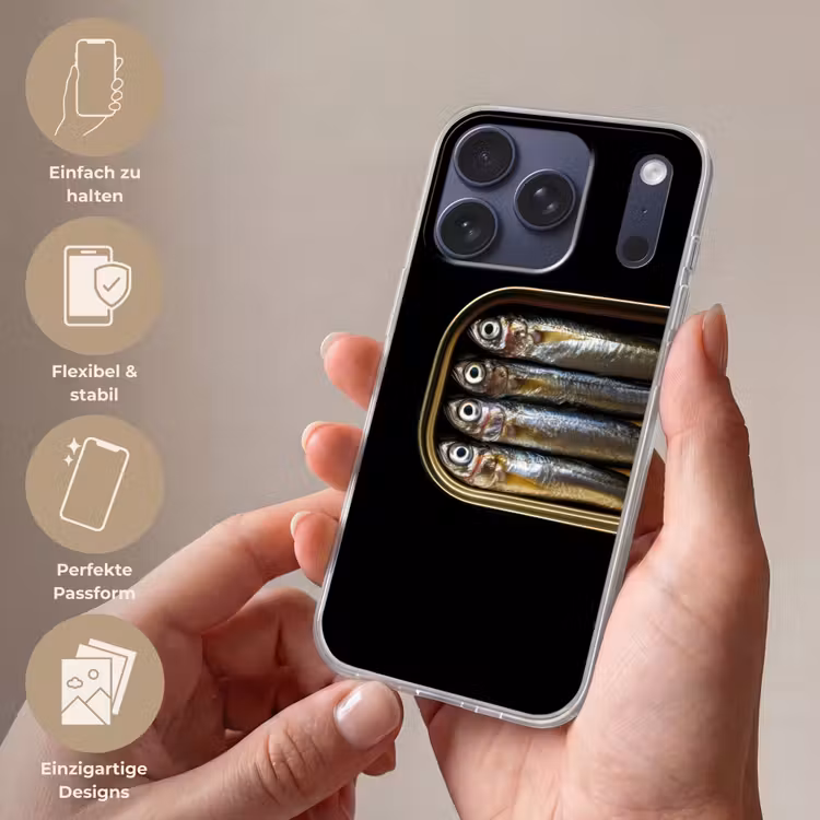 Sardines - Blik - Zwart - Vissen Telefoonhoesje iPhone 17 Pro klein -sfeer3_DE