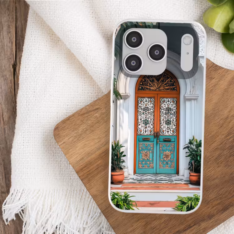 Zuilen - Sierlijke - Deur - Blauw Telefoonhoesje iPhone 17 Pro klein -sfeer1