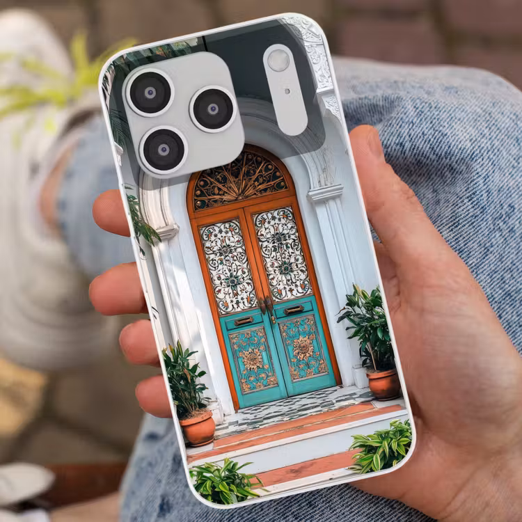 Zuilen - Sierlijke - Deur - Blauw Telefoonhoesje iPhone 17 Pro klein -sfeer2
