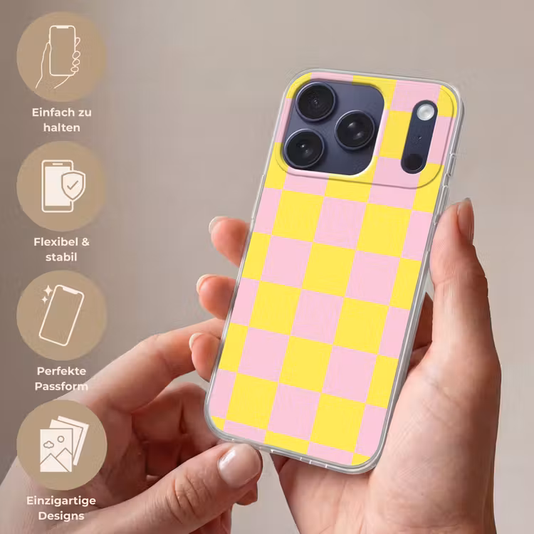 Schaakbord patroon - Geel - Roze - Blokjes Telefoonhoesje iPhone 17 Pro klein -sfeer3_DE