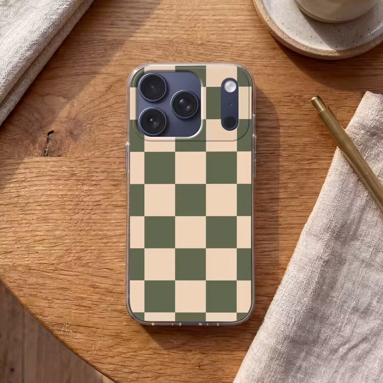 Schaakbord print - Groen - Beige - Blokjes Telefoonhoesje iPhone 17 Pro klein -sfeer1