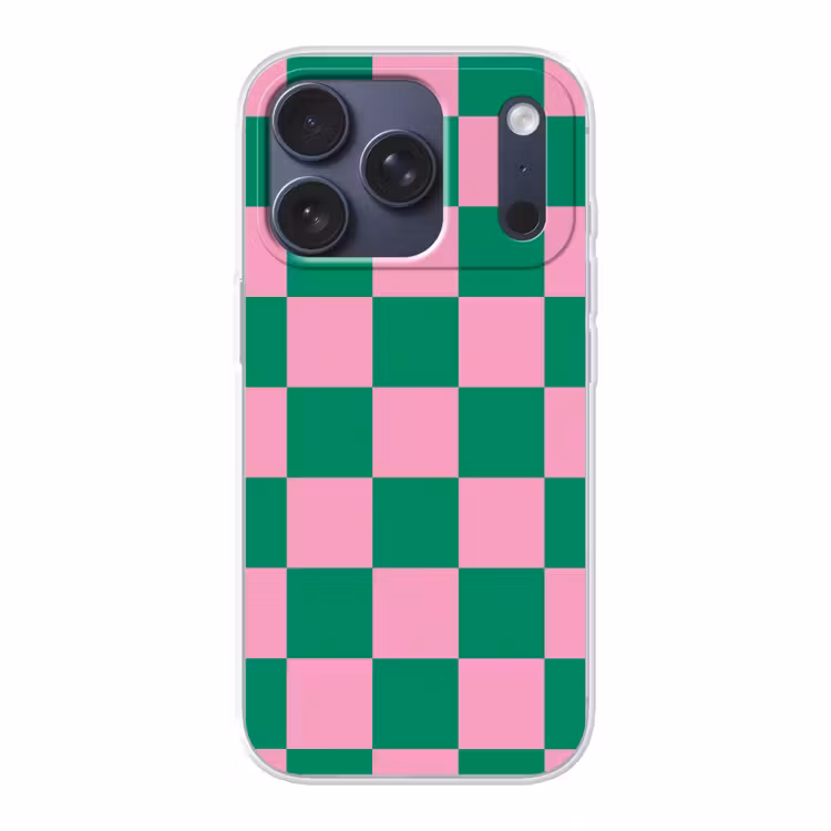 Schaakbord patroon - Groen - Roze - Blokjes Telefoonhoesje iPhone 17 Pro klein -3d