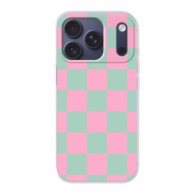 Schaakbord patroon - Groen - Roze - Blokjes Telefoonhoesje iPhone 17 Pro klein -3d