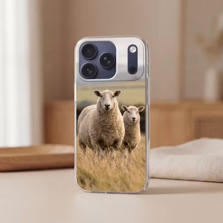 Schapen - Weidenlandschap - Heuvels Telefoonhoesje iPhone 17 Pro klein -sfeer2