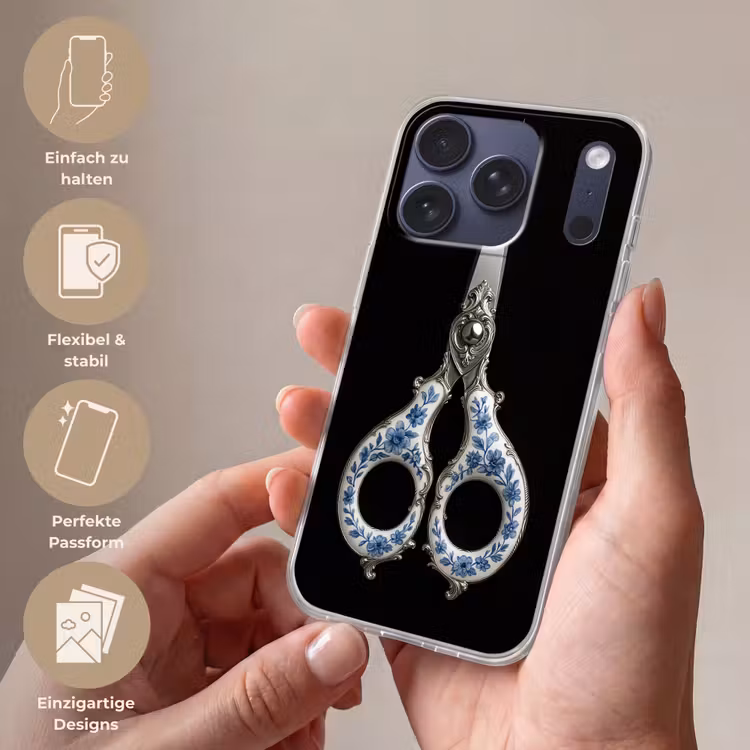 Schaar - Delfts blauw - Zwart Telefoonhoesje iPhone 17 Pro klein -sfeer3_DE