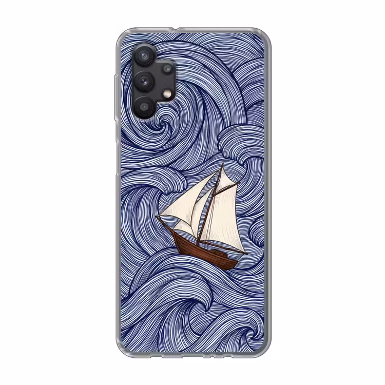 Schip - Golven - Zee - Illustratie - Blauw Telefoonhoesje Samsung Galaxy A32 5G klein -3d