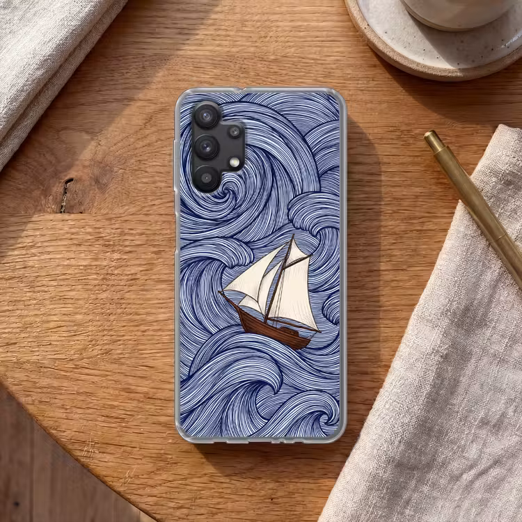 Schip - Golven - Zee - Illustratie - Blauw Telefoonhoesje Samsung Galaxy A32 5G klein -sfeer1