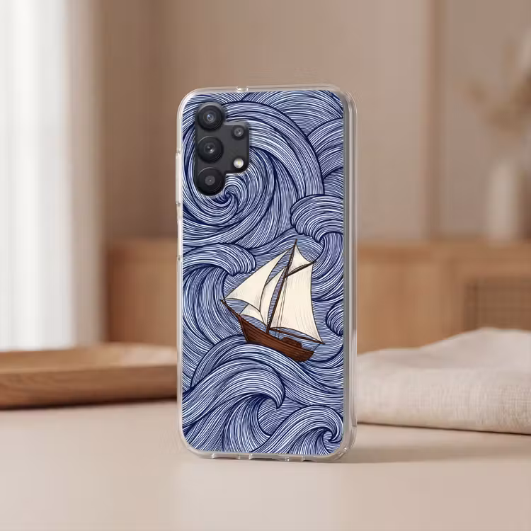 Schip - Golven - Zee - Illustratie - Blauw Telefoonhoesje Samsung Galaxy A32 5G klein -sfeer2