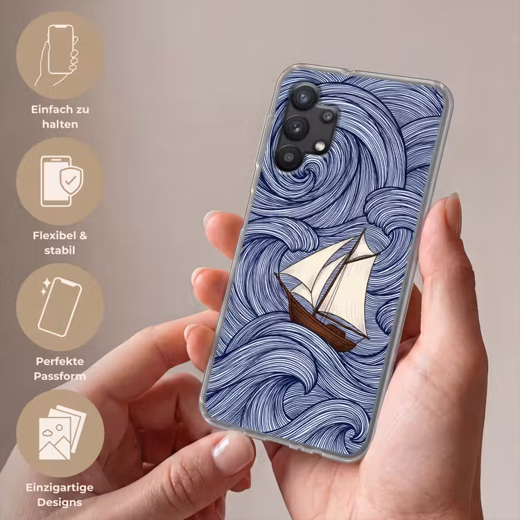 Schip - Golven - Zee - Illustratie - Blauw Telefoonhoesje Samsung Galaxy A32 5G klein -sfeer3_DE