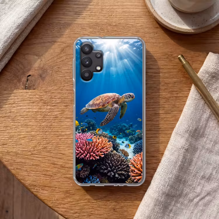 Schildpad - Koraalrif - Oceaan - Dieren - Blauw Telefoonhoesje Samsung Galaxy A32 5G klein -sfeer1