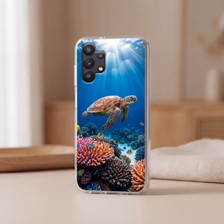 Schildpad - Koraalrif - Oceaan - Dieren - Blauw Telefoonhoesje Samsung Galaxy A32 5G klein -sfeer2