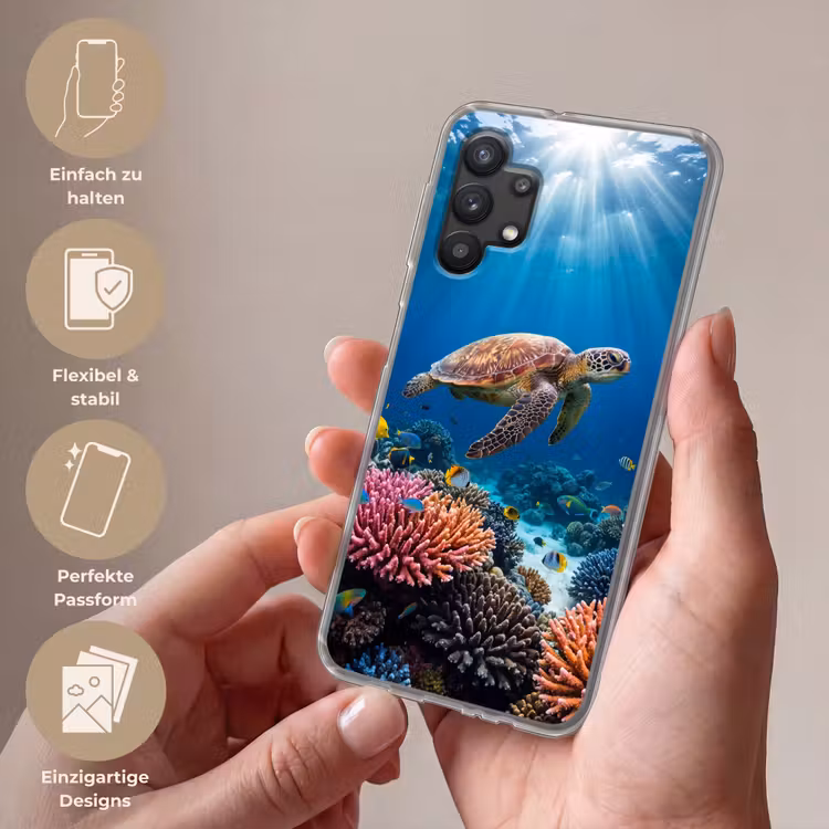 Schildpad - Koraalrif - Oceaan - Dieren - Blauw Telefoonhoesje Samsung Galaxy A32 5G klein -sfeer3_DE