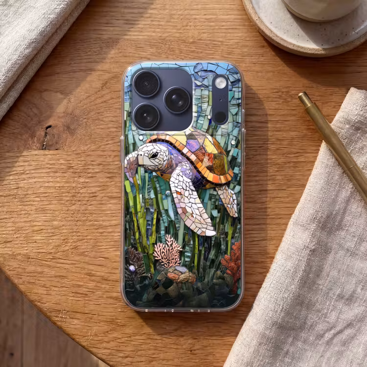 Schildpad - Zeewier - Mozaïek Telefoonhoesje iPhone 17 Pro klein -sfeer1