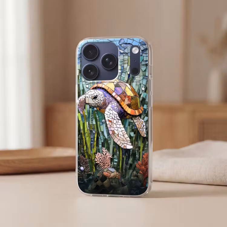 Schildpad - Zeewier - Mozaïek Telefoonhoesje iPhone 17 Pro klein -sfeer2