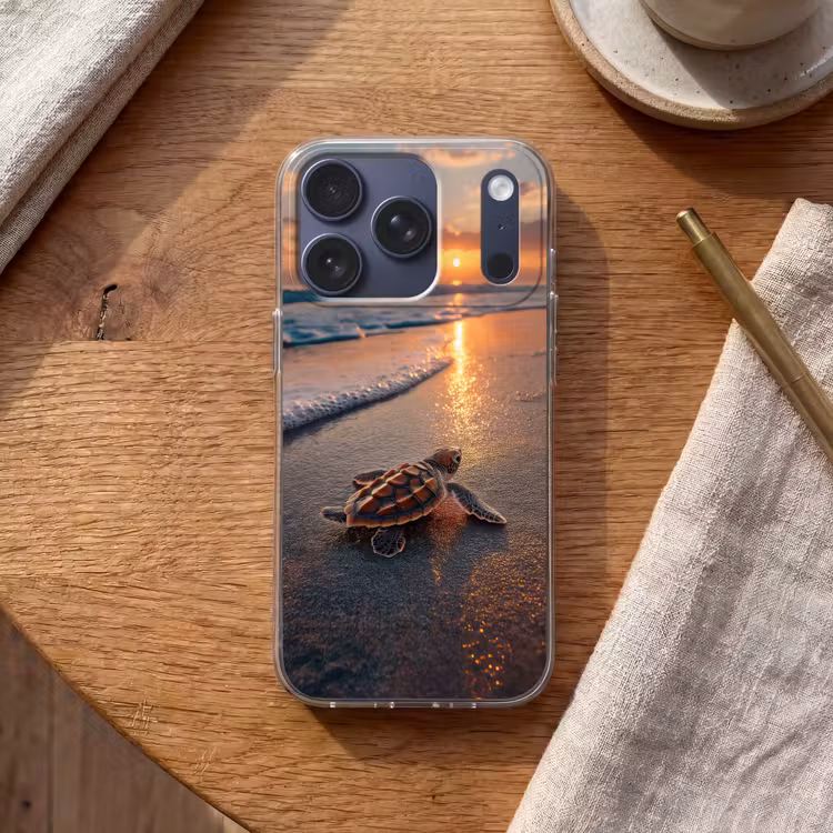 Schildpad - strand - Zonsondergang Telefoonhoesje iPhone 17 Pro klein -sfeer1