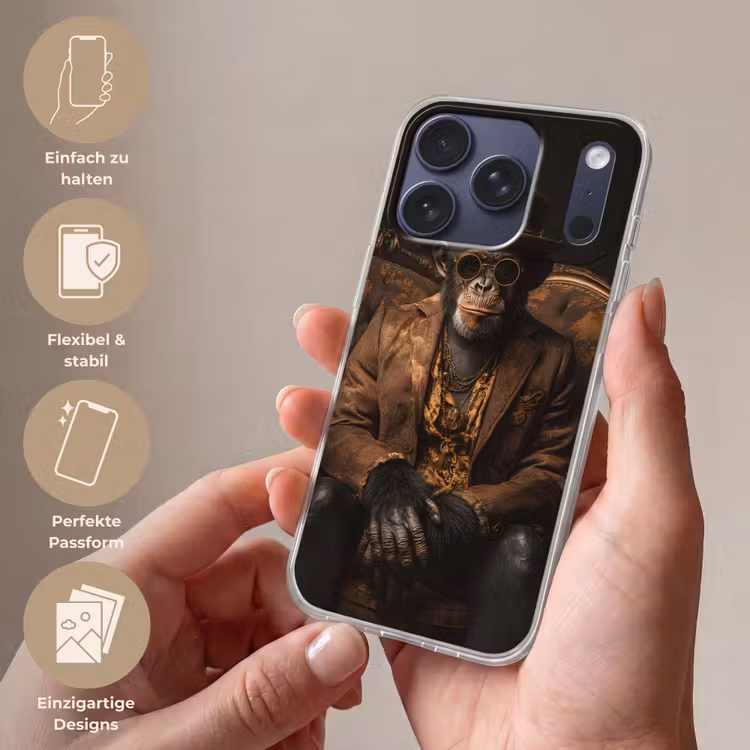 Chimpansee - Stoel - Pak - Bruin Telefoonhoesje iPhone 17 Pro klein -sfeer3_DE